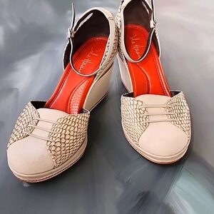 Cole Haan  X Air Cream & Orange Leather with Snakeskin Ankle Strap Wedges 7.5